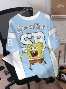 SpongeBob SquarePants | SHEIN 加大码男士极简印花圆领短袖T恤 - 白色 - 查看 3