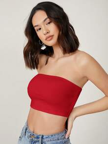 SHEIN BASICS 女士纯色舒适透气休闲简约设计短款露脐抹胸上衣，夏季 - 彩色 - 查看 8