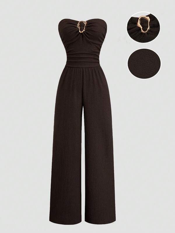 Sweetra Women's Solid Color Minimalist Daily Wear Bandeau Jumpsuit