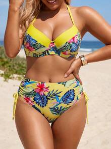 Slaydiva 2026 Plus Size CURVE Tropical Print Double Strap Summer Beach Vacation European & American Plus Size Swimwear Set - Yellow - View 6