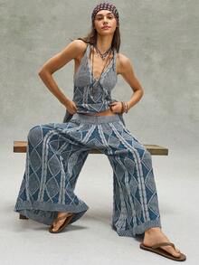 Bohemela Vintage Mixed Yarn Knitted Sweater & Pants Set - Blue and White - View 4