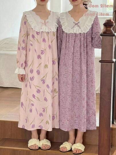 SHEIN Đầm ngủ dài tay cổ chữ V dáng rộng, thoải mái, ngọt ngào, màu tím oải hương, họa tiết hoa tối giản, viền bèo nhún, thích hợp cho bé gái tuổi teen; đầm maxi màu tím, thích hợp cho kỳ nghỉ;