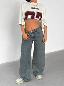 SHEIN Women's Casual Everyday Slant Pocket Wide Leg Jeans - Medium Wash - View 6