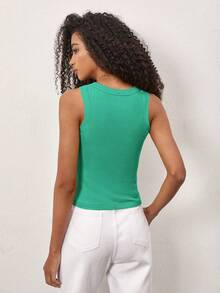 SHEIN BASICS 女士纯色罗纹圆领休闲吊带衫 - 綠色 - 查看 2