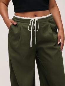 SHEIN BASICS Plus Size Casual Contrast Color Woven Wide Leg Pants With Pockets Fall - Army Green - View 4