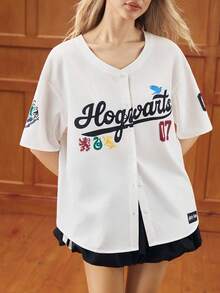 HARRY POTTER X SHEIN Women's Letter Pattern Short Sleeve Shirt, - White - View 5