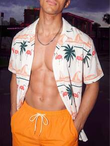 Manfinity KASUA Conjunto casual de playa para hombres con camisa de manga corta y pantalones cortos, minimalista y de moda para uso diario, bañador hawaiano - Naranja Coral - Ver 5