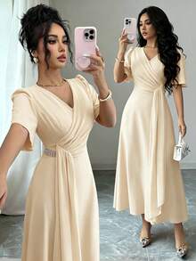 Rafferiza Gaun Midi A-Line Lengan Pendek Berlipit Elegan dengan Ikat Pinggang dan Selempang, Warna Oranye, Cocok untuk Bepergian dan Pemakaian Sehari-hari, Musim Semi/Panas - Aprikot - View 1