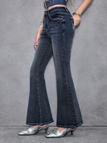 ROMWE Y2K Sexy Punk Style Vintage Low Waist Super Short Zipper Rivet Pocket Embroidery Women Denim Jeans, Spring/Summer Swimming Pastal - Medium Wash - View 4