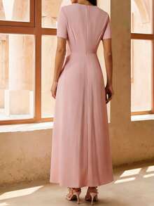 Anewsta Women's Elegant Modern Minimalist Round Neck Water-Soluble Lace Patchwork Waist Ruffle Trim Pink Short Sleeve Dress, Spring/Summer - Pink - View 2