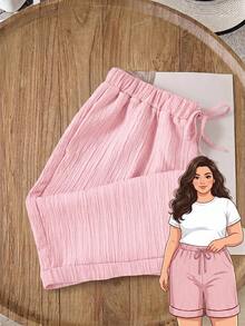 Rusticease Plus Size Women Summer Casual Vacation Daily Commute Solid Color Textured Fabric Drawstring Waist Shorts Outfit For Beach Date Night Brunch - Multicolor - View 1
