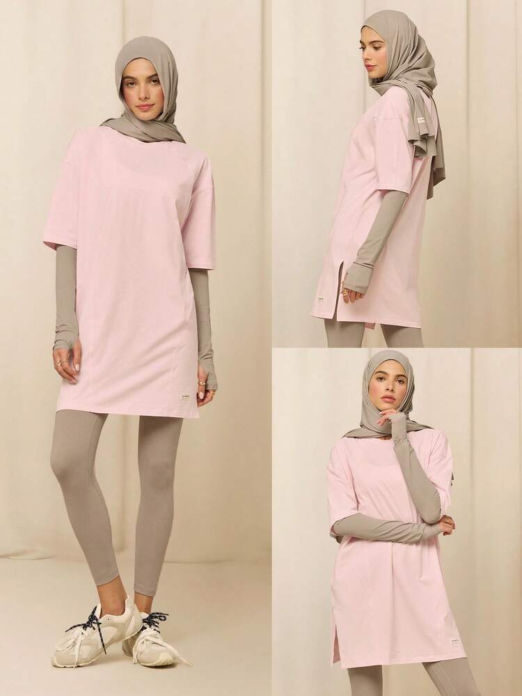 GLOWMODE X Reem Modest Pima Cotton Mighty Midi Soft Breathable Lightweight Side Split Hem Cocoon T-Shirt Dress Daily Casual Wear