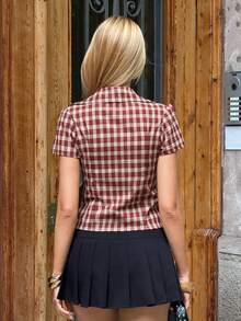MainGRL Áo sơ mi dệt kẻ caro đỏ thời trang thường ngày dành cho nữ - Đỏ - Xem 2