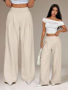 SHEIN PETITE Quần nữ màu trơn, thời trang mùa hè, quần ống rộng nữ, quần công sở nữ, quần nữ mùa thu/đông. - Màu Khaki - Xem 1