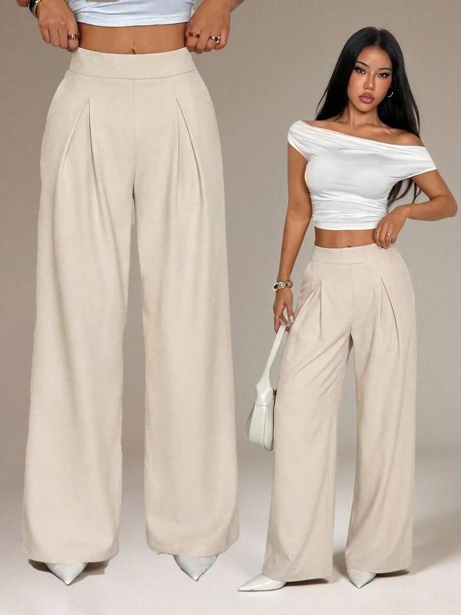 SHEIN PETITE Quần nữ màu trơn, thời trang mùa hè, quần ống rộng nữ, quần công sở nữ, quần nữ mùa thu/đông. - Màu Khaki - Xem 1