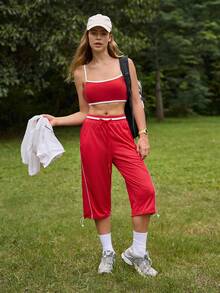 SHEIN Sports 女士撞色抽绳直筒宽松休闲夏季短裤 - 紅色 - 查看 6