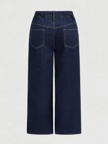 SHEIN Tall CURVE 秋冬夏季加大码女式直筒牛仔裤，休闲宽松不对称腰线设计，原色牛仔布 - 深色水洗藍 - 查看 9