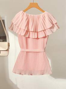 Franclia Women's Pink Ruffle Hem Cinched Waist Blouse - Pink - View 2