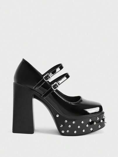 Sugerpunk Women Shoes Fashionable Sexy Comfortable Spring And Summer Platform High Heels Single Shoes, Punk Style Gothic Round Head Around Ankle With Rivets Design Thick Heel High Heels