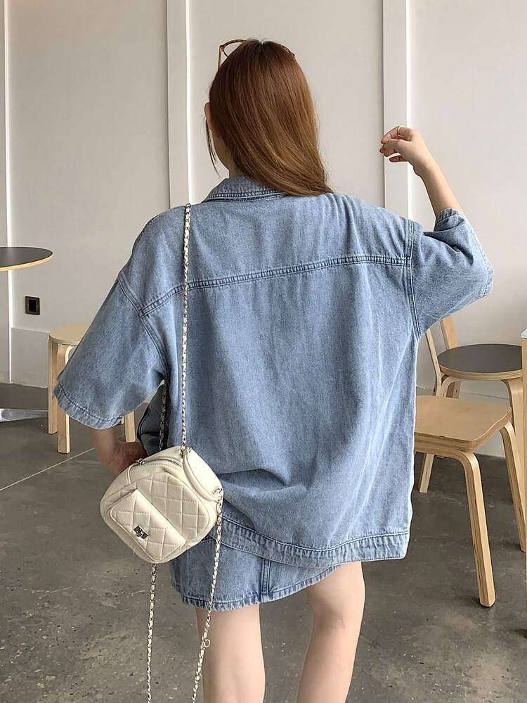 Women's Denim Lapel Korean Style Short Sleeve Shirt And Shorts 2 Pieces Set