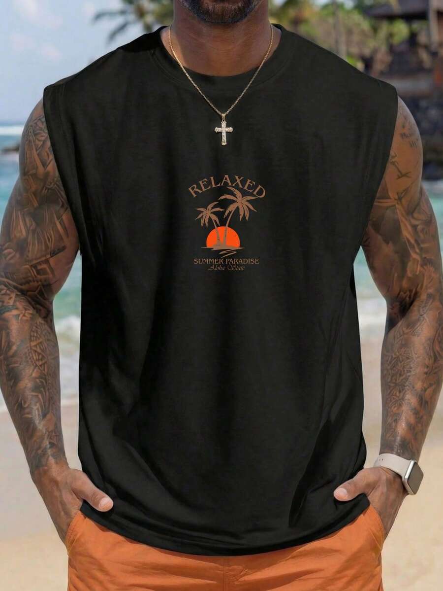 VIVINTIMO 男士椰树印花无袖度假风背心 Camiseta 街头风长款T恤 男士T恤 黑色 - 黑色 - 查看 1