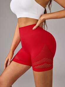 Dewbera 1 chiếc quần short tập luyện cơ bản màu đen, thiết kế lưới thoáng khí, không đường may, thích hợp cho tập thể dục/yoga. - Đỏ - Xem 4