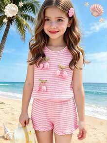 SHEIN Elladie kids Young Girls Pink Jacquard Knit Sleeveless Top And Shorts Set, Casual Minimalist Daily Outfit For Summer - Pink - View 2