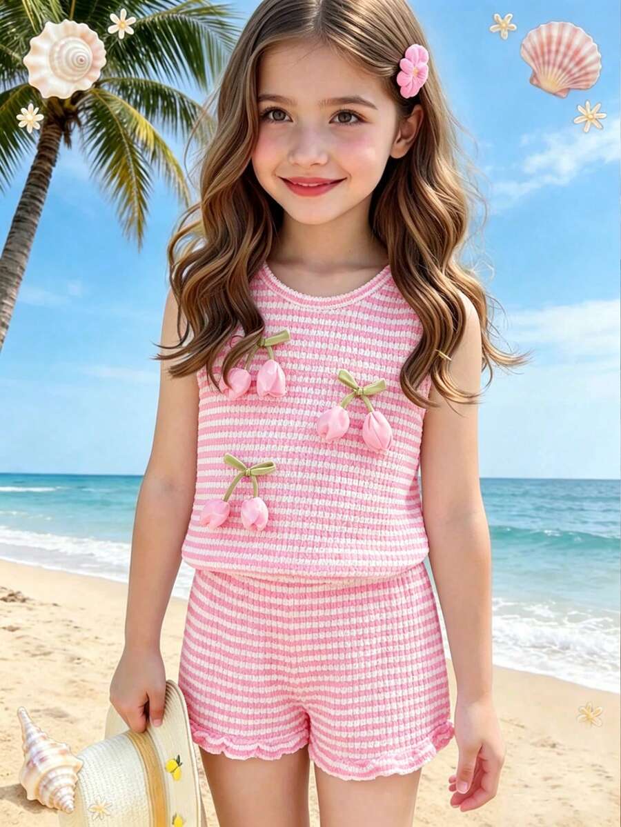 SHEIN Elladie kids Young Girls Pink Jacquard Knit Sleeveless Top And Shorts Set, Casual Minimalist Daily Outfit For Summer