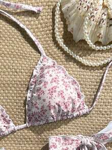Swim Vcay 女士两件套碎花荷叶边V领挂脖比基尼套装，夏季 - 粉色 - 查看 6