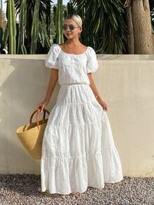 Livesso 女士花瓣袖刺绣上衣和半裙两件套休闲度假装 - 白色 - 查看 2