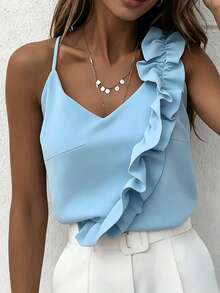 EMERY ROSE Women's Sweet V-Neck Ruffle Trim Sexy Backless Camisole - Baby Blue - View 5