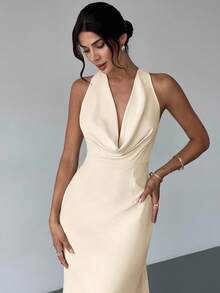 xheFirerie Vestido largo elegante sin espalda con cintura anudada, vestido de gala sin mangas con cuello drapeado en color albaricoque para uso diario en verano y otoño, vacaciones, fiestas, graduación, vuelta al colegioxhe - Albaricoque - Ver 7