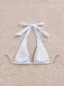 Swim Mod Áo bikini cổ chữ V sâu họa tiết hoa cổ điển - Màu xanh nhạt - Xem 2