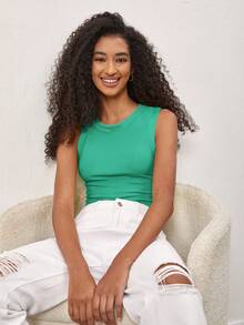 SHEIN BASICS 女士纯色罗纹圆领休闲吊带衫 - 綠色 - 查看 5