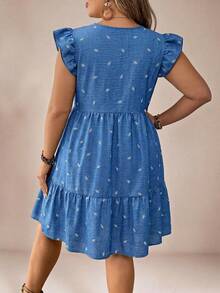 Comfylo Plus Size Women Round Neck Leaf Embroidery Ruched Casual Party Dress - Blue - View 2