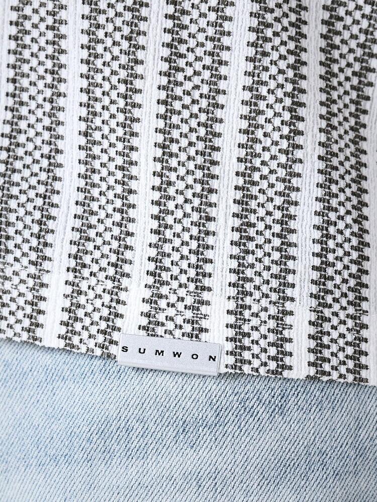 Camicia oversize a maniche corte a righe con collo alla coreana e tessuto lavorato per l'estate