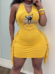 Slaydiva Yellow Summer Kawaii Rave Plus Size Mini Bodycon Dress,Y2K Street Style Sleeveless Halter Tie-Knot Side Tassel Chest Logo Print Knit Fabric - Yellow - View 6