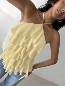 Aloruh Women's Elegant Romantic Tie-Up Neck Layered Ruffle Trim Light Yellow Vacation/Date Top,Summer Top - Light Yellow - View 3