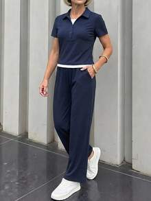 EMERY ROSE Middle-Aged Elderly Women's Polo Collar Short Sleeve Top And Pants Casual Hawiian Modest Suit Soft Yellow Autumn Outfit Sets - Navy Blue - View 1