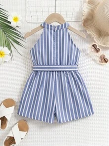SHEIN 女婴可爱休闲夏季蓝白条纹蝴蝶结装饰吊带连体衣，女童度假风连体衣，幼儿夏季服装，女婴服装，女婴连体衣，男婴连体裤，童装女童服装 - 藍色 - 查看 4