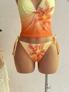 Soleia Women's Summer Beach Floral Print Halter Tie Tankini And Triangle Tankini Swimwear Set - Orange - View 4