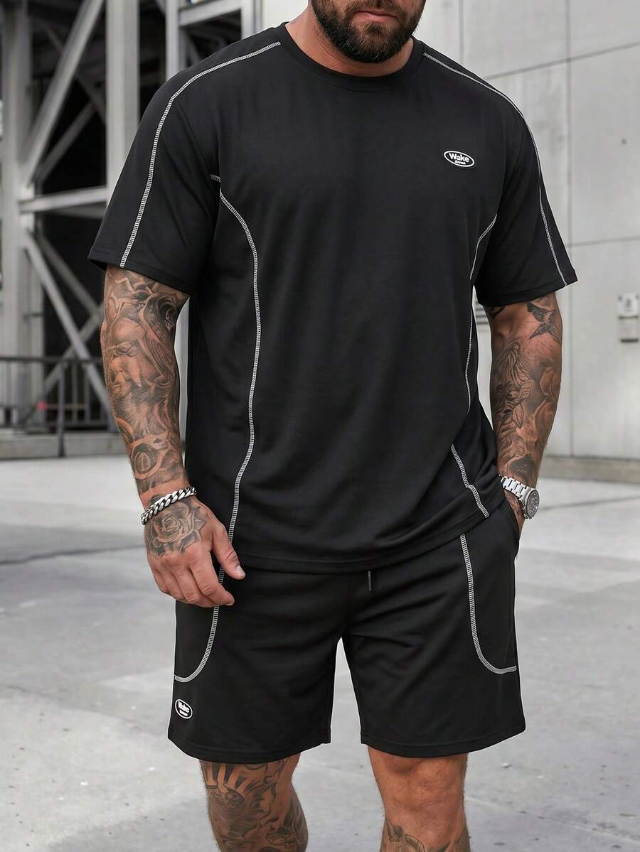 Manfinity Homme 加大码男士休闲撞色拼接T恤短裤套装,夏季 - 黑色 - 查看 1