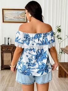 Elenzga Áo kiểu mùa hè, phong cách thường ngày, đi nghỉ mát, kiểu Pháp cổ điển, thanh lịch, thích hợp đi làm, phối ren hoa, màu xanh dương, trễ vai, in họa tiết. - Màu xanh lam - Xem 2