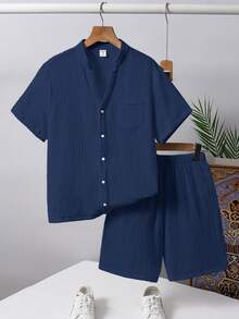 SHEIN Bộ 2 món cho bé trai tuổi teen, gồm áo khoác cardigan cổ tròn tay ngắn và quần short cạp chun, thích hợp đi làm, đi học, đi chơi, chơi thể thao, mùa xuân/hè. - Màu xanh hải quân - Xem 4