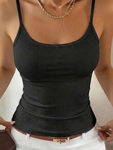 DAZY Camiseta de mujer de unicolor, de tirantes finos, sin mangas, ajustada y acanalada, para verano - Negro - Ver 3