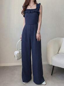 Mono de verano con estampado de lunares y volantes a la moda para mujer - Azul marino - Ver 4