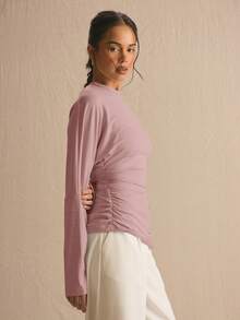 MUSERA Top de manga larga con cintura fruncida y mangas de murciélago, estilo cottage core, lindo y acogedor para primavera y verano - Rosa Pálido - Ver 3