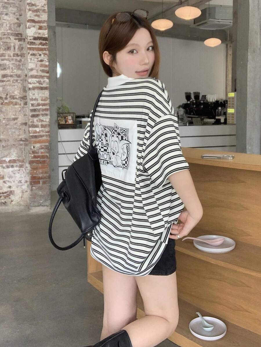 TOM AND JERRY X DAZY Women's Striped Casual Long Sleeve Cartoon Color Block Patchwork T-Shirt - Black - View 1