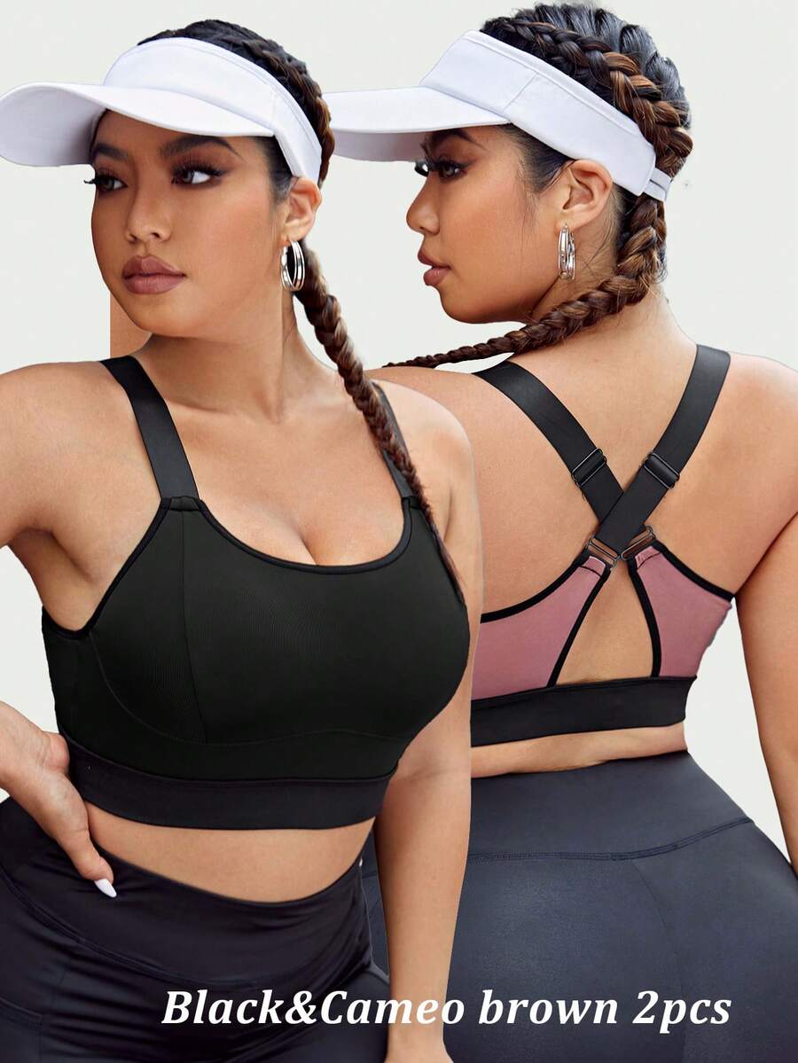 SHEIN Rhythm Era 加大码撞色包边交叉后背运动文胸,内置胸垫,不可拆卸胸垫,高支撑背心式设计,适合健身、瑜伽、跑步等运动,黑色,适合中国新年穿着 - 彩色 - 查看 1