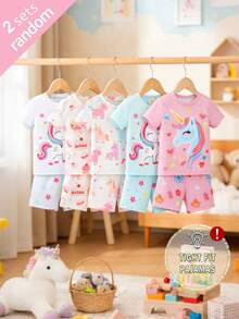 SHEIN 2 Sets/Pack Baby Girls Unicorn Cartoon Print Short Sleeve Shorts Knit Snug Fit Pajamas Sets - Multicolor - View 3